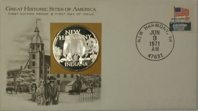 Proof Silver New Harmony Indiana Historic Site Medal First Day Cover 1971 (1 of 4)