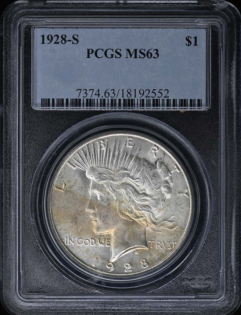 PCGS MS63 1928 San Francisco Peace Dollar: PCGS MS63 1928 San Francisco Peace Dollar This 1928-S Peace Dollar is graded MS63 by PCGS and is an uncirculated coin. Minted in San Francisco, it features the iconic Peace Dollar design and is a pre-