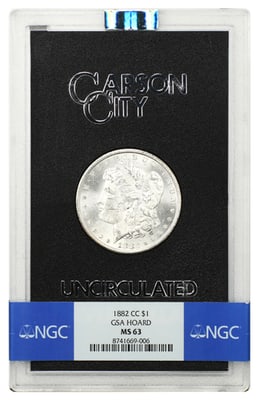NGC MS63 1882-CC Morgan Silver Dollar: NGC MS63 1882-CC Morgan Silver Dollar This is an 1882-CC Morgan Dollar graded MS63 by NGC. The coin is a pre-owned example from the Carson City Mint, presented in a GSA holder. Specifications Coin: Mo