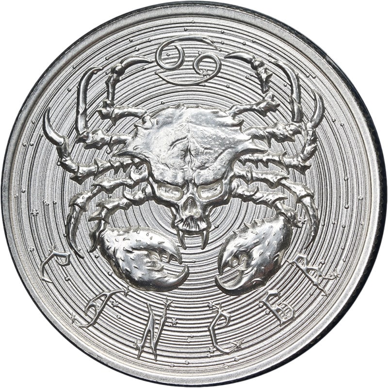 1 Ounce Silver Zombie Zodiac Cancer High Relief Coin: 1 Ounce Silver Zombie Zodiac Cancer High Relief Coin This Intaglio Mint 1 Ounce Silver Zombie Zodiac - Cancer High Relief coin is crafted from 99.9% pure silver. Struck in mint state condition, it fea