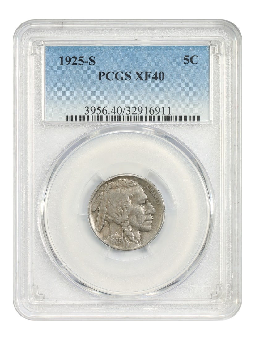 PCGS XF40 1925 San Francisco Buffalo Nickel Five Cent Coin: PCGS XF40 1925 San Francisco Buffalo Nickel Five Cent Coin This 1925-S Buffalo Nickel is graded XF40 by PCGS and features a circulated condition. Minted in San Francisco, this scarce date coin is a no