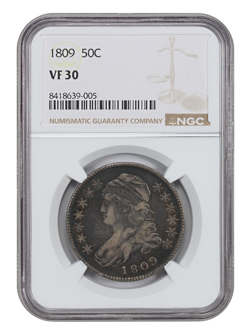 NGC Graded 1809 Capped Bust Half Dollar 50C VF30: NGC Graded 1809 Capped Bust Half Dollar 50C VF30 This 1809 Capped Bust Half Dollar is a circulated coin graded VF30 by NGC. Struck in Philadelphia, it features the classic Capped Bust design and repre