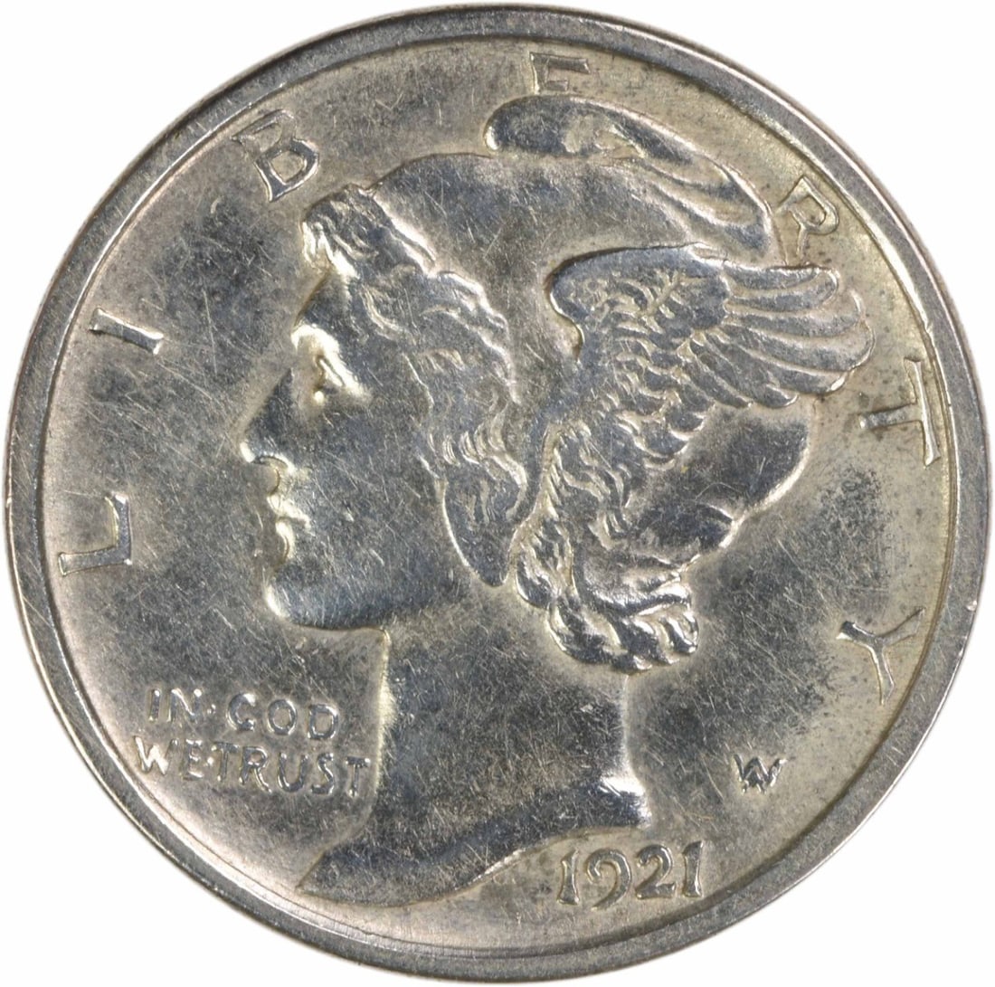 1921 Denver Mercury Dime AU Grade Uncertified Silver US Coin: 1921 Denver Mercury Dime AU Grade Uncertified Silver US Coin This is a 1921-D Mercury Dime from the Denver Mint, featuring the iconic design by Adolph Alexander Weinman. The coin is composed of 90% si