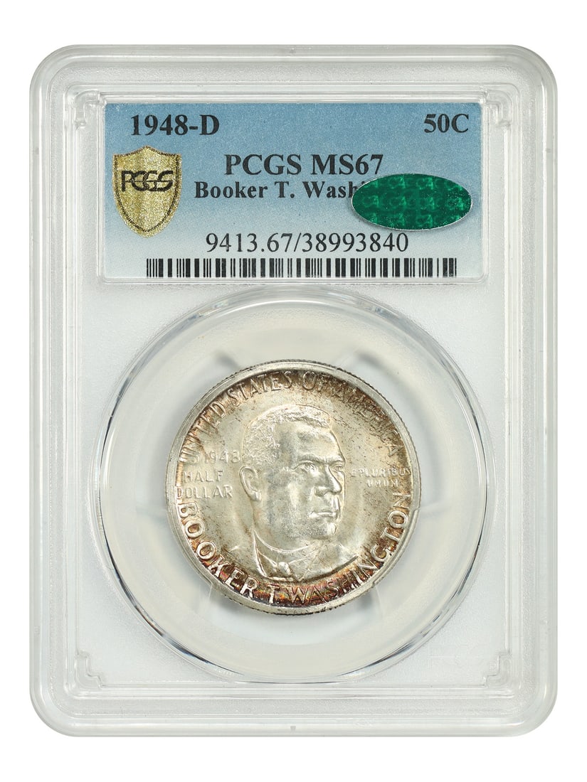PCGS CAC MS67 1948-D Booker T Washington 50C Commemorative: PCGS CAC MS67 1948-D Booker T Washington 50C Commemorative This 1948-D Booker T. Washington half dollar is a classic silver commemorative coin, certified by PCGS with a CAC sticker and graded MS67. St