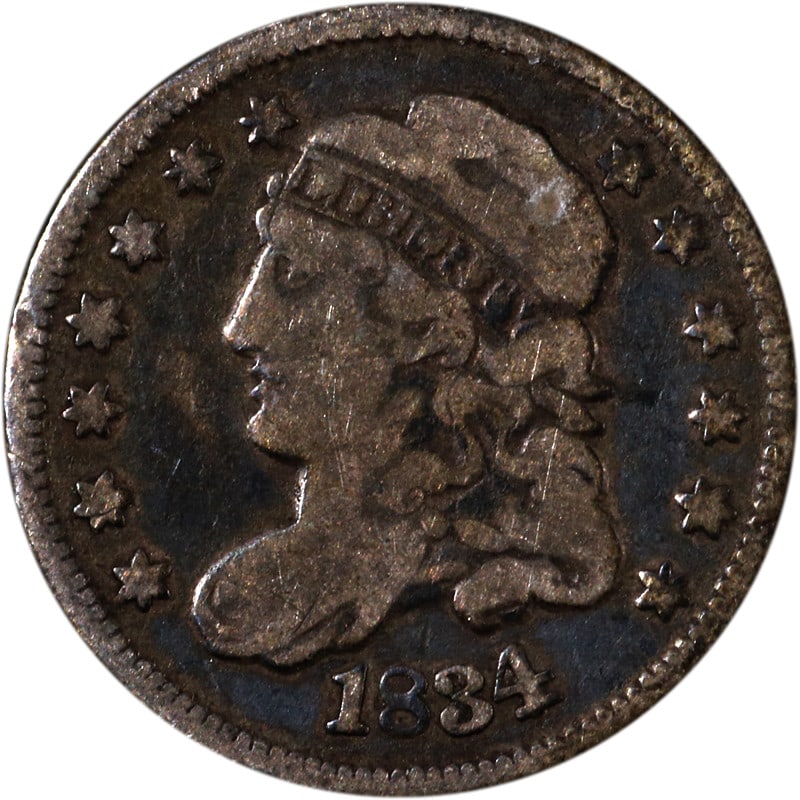 1834 United States Silver Bust Half Dime: 1834 United States Silver Bust Half Dime This 1834 Bust Half Dime is a circulated coin from the United States, composed of silver. It remains uncertified and is considered pre-owned, making it a notab