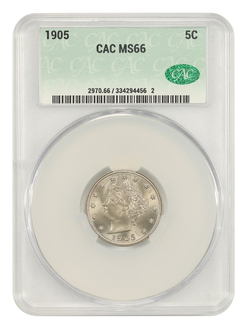 CACG MS66 1905 Liberty Nickel 5C Philadelphia: CACG MS66 1905 Liberty Nickel 5C Philadelphia This 1905 Liberty Nickel features a grade of MS66 and is certified by CACG. The coin is uncirculated, displaying frosty luster and lightly toned, fully st