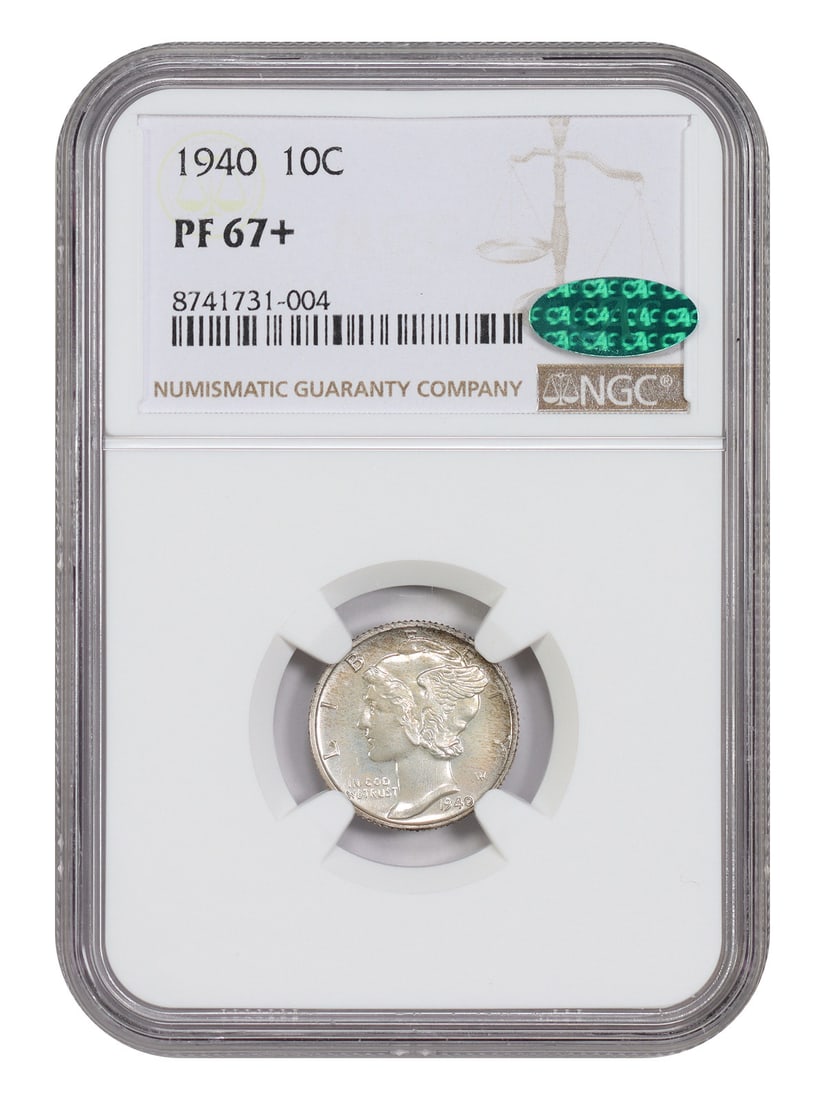 1940 Proof Mercury Dime NGC CAC PR67 Plus: 1940 Proof Mercury Dime NGC CAC PR67 Plus This 1940 Mercury Dime is a proof coin graded PR67+ by NGC and features CAC approval. Struck in Philadelphia, this uncirculated dime is part of a limited mint