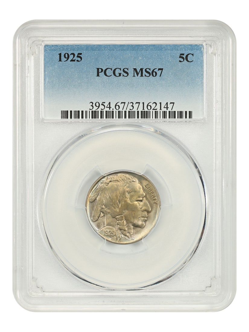 PCGS MS67 1925 Buffalo 5C Nickel: PCGS MS67 1925 Buffalo 5C Nickel This is a 1925 Buffalo Nickel graded MS67 by PCGS. The coin is uncirculated and features a thick, frosted finish with a lemon-grey patina and blue highlights. It is st