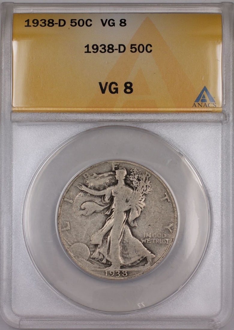 1938-D Silver 50C Half Dollar ANACS VG 8 Certified from Denver Mint: 1938-D Silver 50C Half Dollar ANACS VG 8 Certified from Denver Mint This 1938-D Walking Liberty Half Dollar coin is certified by ANACS with a grade of VG 8. Struck at the Denver Mint, the coin is comp
