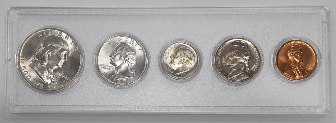 Five Coin 1960-D Uncirculated US Set Including Silver Half Quarter and Dime: Five Coin 1960-D Uncirculated US Set Including Silver Half Quarter and Dime This 1960-D United States Uncirculated Year Set includes five coins with denominations from cent through half dollar. The se