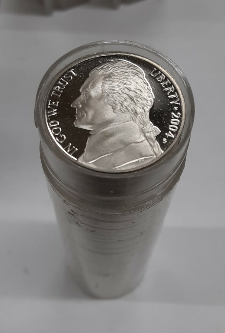 Roll of 40 2004-S Proof Jefferson Nickels Peace Medal Design in Tube: Roll of 40 2004-S Proof Jefferson Nickels Peace Medal Design in Tube This roll contains forty 2004-S Proof Jefferson Nickels, each featuring the Peace Medal design on the reverse, which is part of the