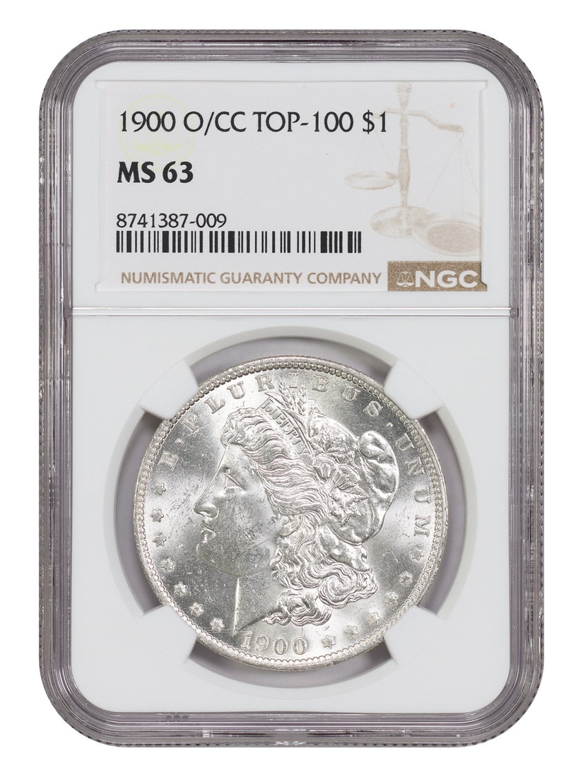 NGC MS63 1900-O CC Morgan Silver Dollar: NGC MS63 1900-O CC Morgan Silver Dollar This is a 1900-O/CC Morgan Dollar, a scarce over-mintmark variety, graded MS63 by NGC. This uncirculated coin is known for its bold luster and attractive eye ap