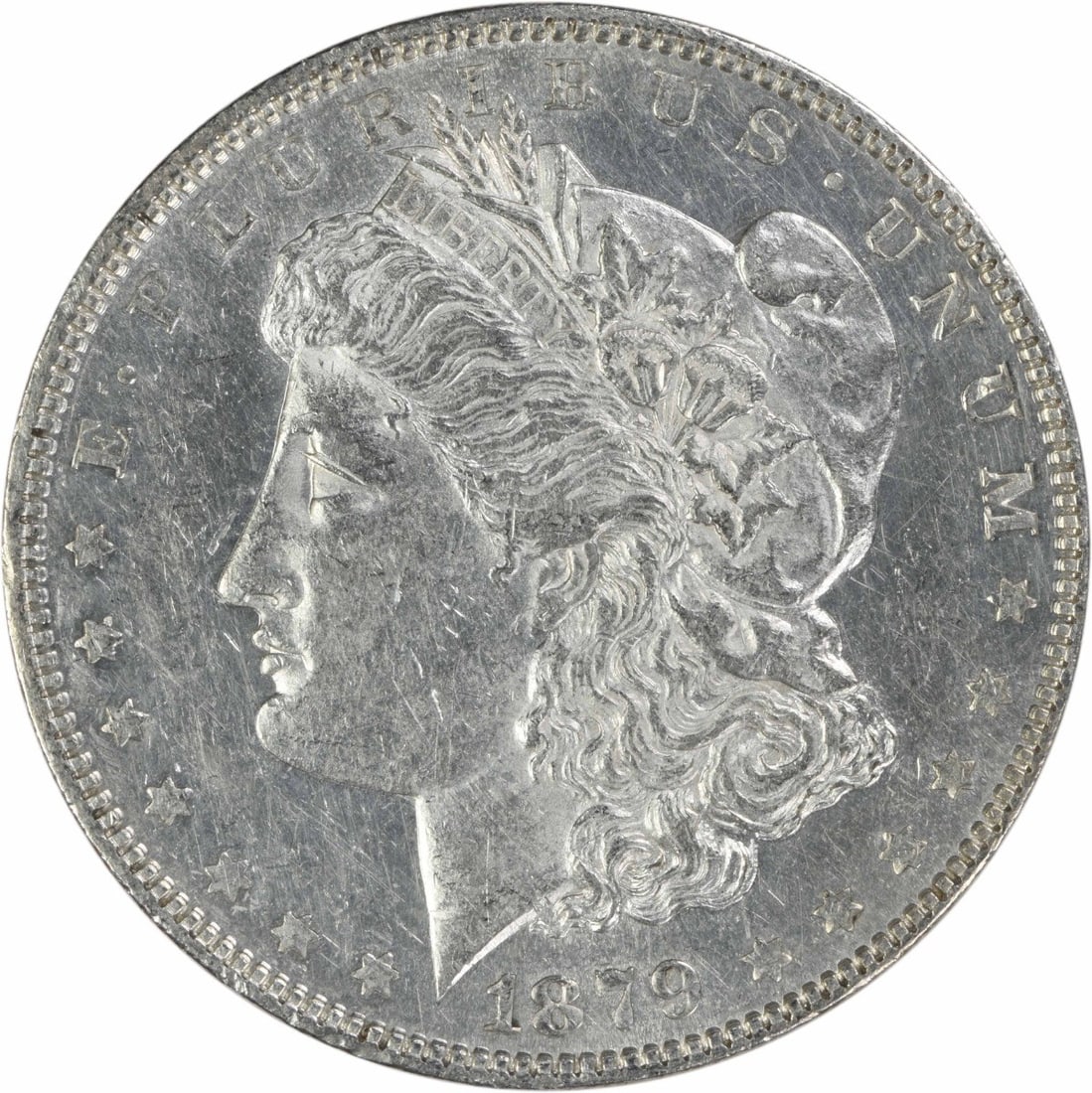 1879 Philadelphia Morgan Dollar 90 Silver AU Uncertified: 1879 Philadelphia Morgan Dollar 90 Silver AU Uncertified This 1879 Morgan Silver Dollar is an attractive example from the Philadelphia Mint. Struck in 90% silver and 10% copper, this circulated coin i