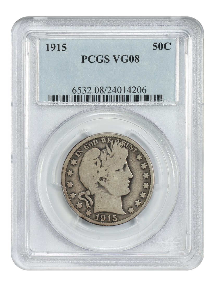 1915 Philadelphia Barber Half Dollar PCGS VG08 Key Date: 1915 Philadelphia Barber Half Dollar PCGS VG08 Key Date This 1915 Barber Half Dollar is a key date in the series, notable for its low mintage of just 138,000 coins. Graded VG08 by PCGS, this circulate