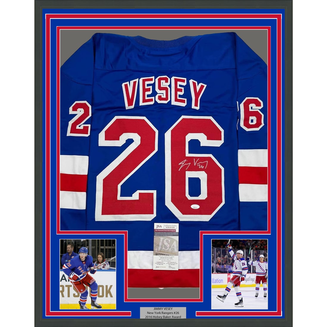 Framed Autographed Jimmy Vesey New York Rangers Jersey with JSA COA: Framed Autographed Jimmy Vesey New York Rangers Jersey with JSA COA This professionally framed autographed Jimmy Vesey New York Rangers hockey jersey is a must-have for any fan. The jersey, measuring 
