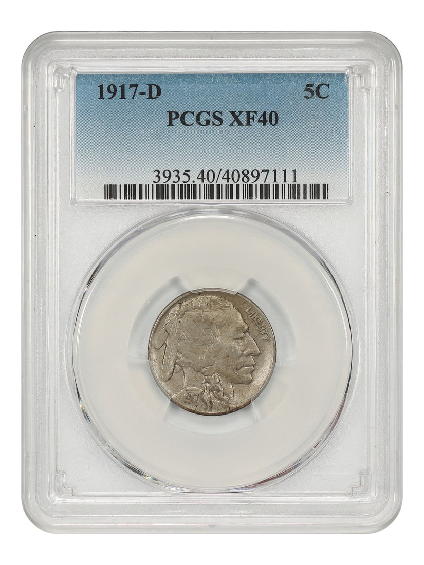 PCGS XF40 1917-D Buffalo Nickel 5C Denver Mint: PCGS XF40 1917-D Buffalo Nickel 5C Denver Mint This is a 1917-D Buffalo Nickel graded XF40 by PCGS. The coin is circulated and features the Denver mint mark. It is part of the Buffalo Nickel series an