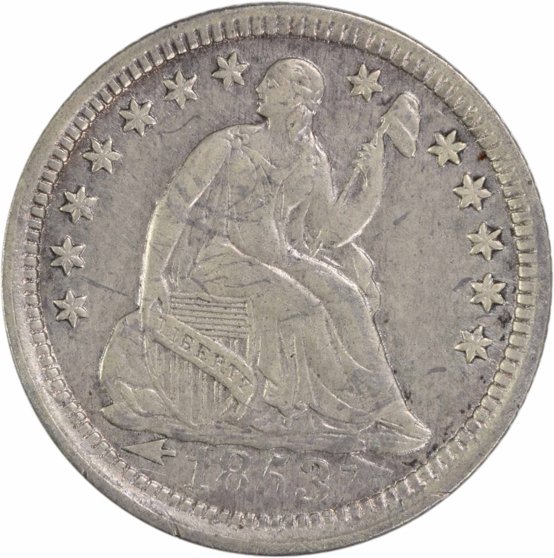 1853 Liberty Seated Half Dime 90% Silver EF Uncertified: 1853 Liberty Seated Half Dime 90% Silver EF Uncertified This 1853 Liberty Seated Silver Half Dime features a classic design by Christian Gobrecht and is made of 90% silver and 10% copper. It was minte