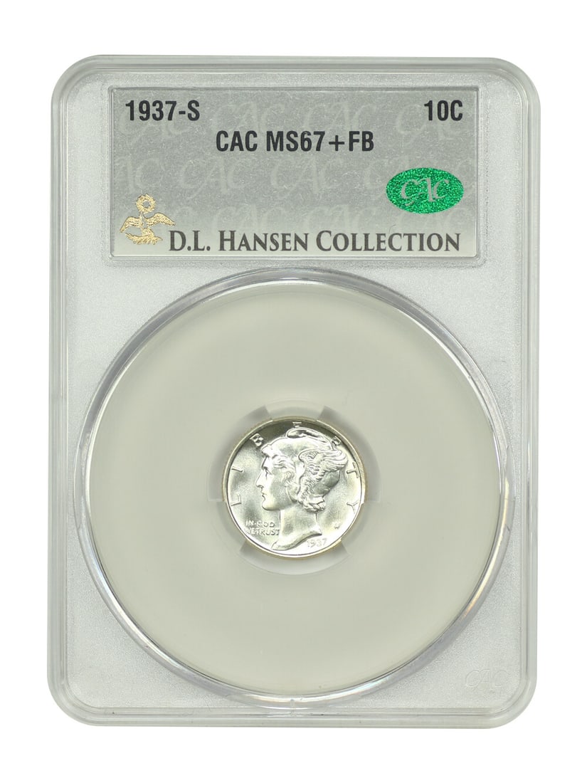 1937-S Mercury Dime CACG MS67+FB D.L. Hansen Collection: 1937-S Mercury Dime CACG MS67+FB D.L. Hansen Collection This 1937-S Mercury Dime is a stunning example of numismatic artistry, certified by CACG with a grade of MS67+FB. As an uncirculated coin from t
