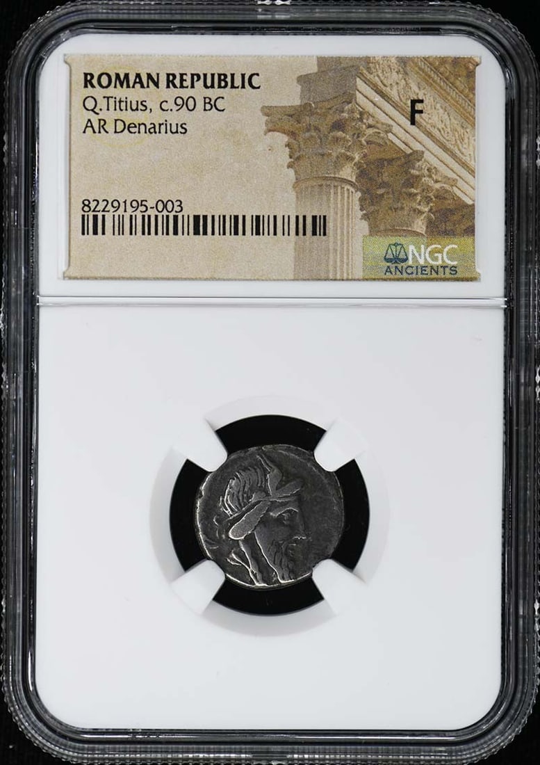 Roman Republic AR Denarius Q Titius NGC F: Roman Republic AR Denarius Q Titius NGC F This Roman Republic AR Denarius, issued by Q. Titius around 90 BC, is certified by NGC with a grade of F. The coin originates from Italy and is in pre-owned c