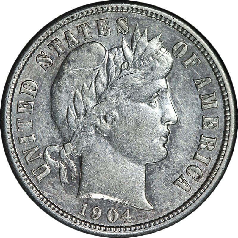Silver 1904 San Francisco Barber Dime AU BU Key Date Coin: Silver 1904 San Francisco Barber Dime AU BU Key Date Coin This is an original 1904-S Barber Dime from the United States, featuring a strong strike and bright white luster. The coin is composed of silv