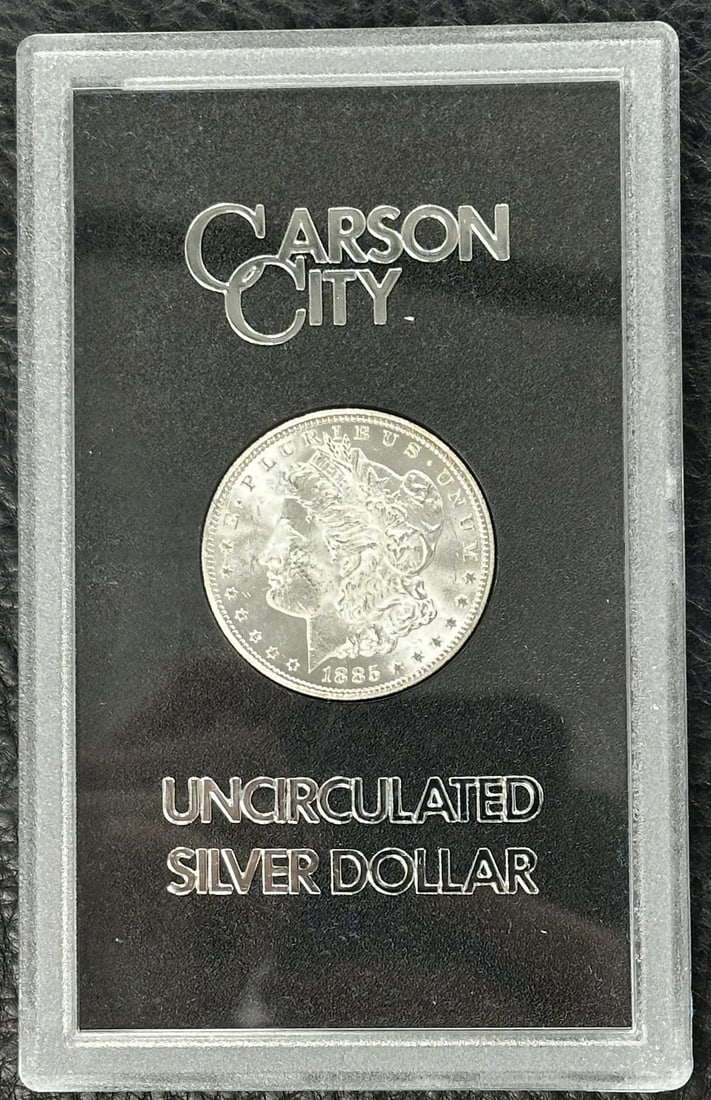 1885 Carson City Morgan Silver Dollar GSA Uncirculated: 1885 Carson City Morgan Silver Dollar GSA Uncirculated This is an uncirculated 1885-CC Morgan Silver Dollar from the Carson City Mint. The coin is composed of silver with a fineness of 0.9 and has a d