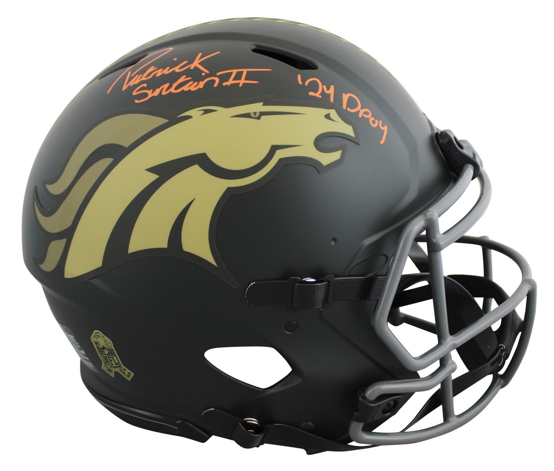 Patrick Surtain II Signed Broncos Salute to Service IV Full Size Helmet BAS: Patrick Surtain II Signed Broncos Salute to Service IV Full Size Helmet BAS This is an autographed Denver Broncos alternate 2025 Salute to Service IV Riddell authentic full-size Speed Proline helmet, 