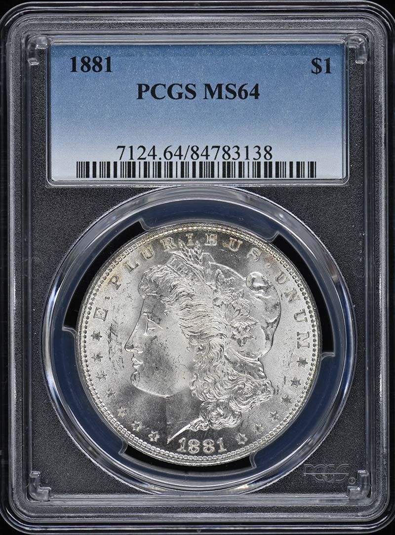 PCGS MS64 1881 Morgan Silver Dollar: PCGS MS64 1881 Morgan Silver Dollar This 1881 Morgan Dollar is certified by PCGS with a grade of MS64, indicating a high-quality, uncirculated coin. Minted in Philadelphia, it features the classic Mor