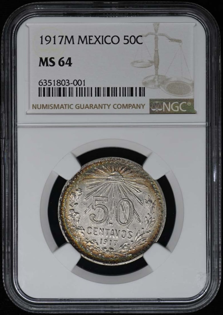 1917 Mexico Silver 50 Centavos NGC MS64 Uncirculated Coin: 1917 Mexico Silver 50 Centavos NGC MS64 Uncirculated Coin This 1917 Mexico Silver 50 Centavos coin is graded MS64 by NGC, indicating it is in uncirculated condition. The coin showcases the historical 