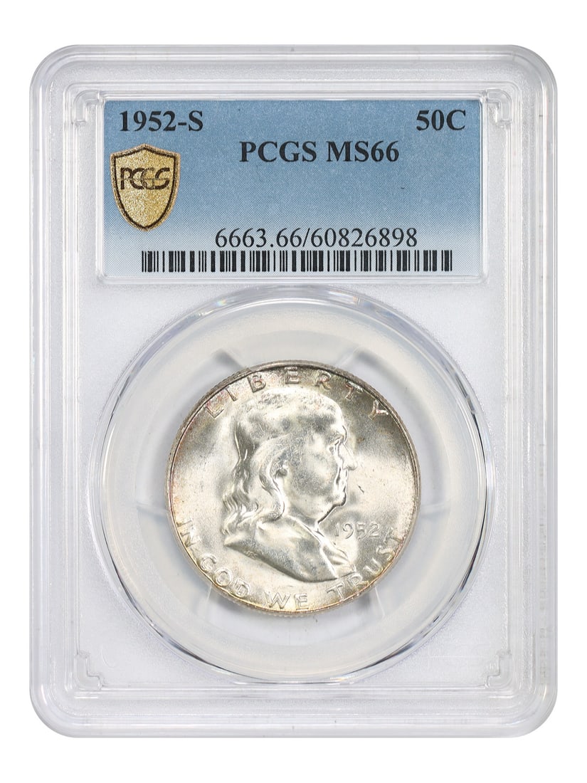 PCGS MS66 1952-S Franklin Half Dollar 50C: PCGS MS66 1952-S Franklin Half Dollar 50C This is a 1952 Franklin Half Dollar graded MS66 by PCGS. The coin is uncirculated and was minted in San Francisco. It belongs to the Franklin Half Dollar seri