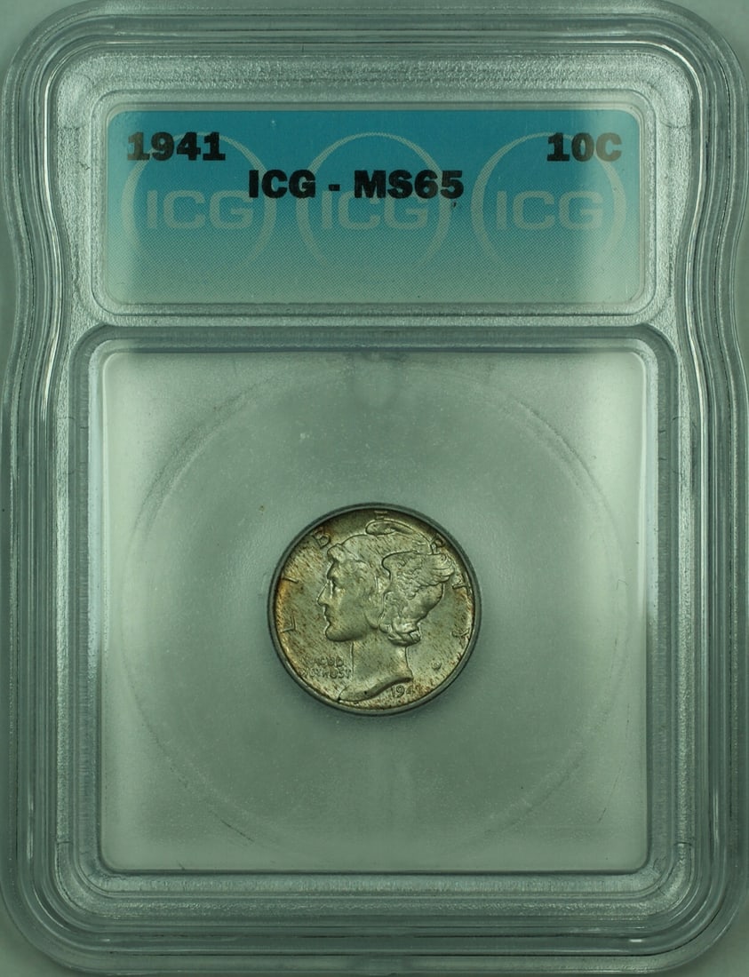ICG Certified 1941 Mercury Dime MS-65 Philadelphia Silver Toned: ICG Certified 1941 Mercury Dime MS-65 Philadelphia Silver Toned This is a 1941 Mercury Silver Dime with a denomination of 10 cents, graded MS-65 by ICG. The coin is composed of 90% silver and was mint