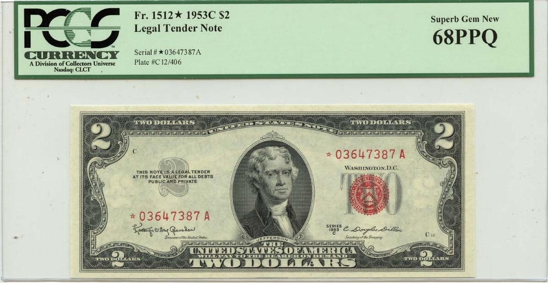 1953 $2 Legal Tender Star Note PCGS MS68 FR#1512* Uncirculated: 1953 $2 Legal Tender Star Note PCGS MS68 FR#1512* Uncirculated This 1953C $2 Legal Tender Star Note (FR#1512*) is certified by PCGS Currency with a superb grade of MS68 PPQ. It is an uncirculated note