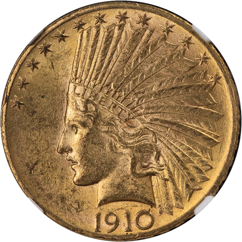 1910 Indian Head Gold Eagle NGC MS62 Philadelphia Mint Coin: 1910 Indian Head Gold Eagle NGC MS62 Philadelphia Mint Coin This original 1910-P Indian Gold $10 coin is certified by NGC with a grade of MS62. It features attractive luster, a well-defined strike, an