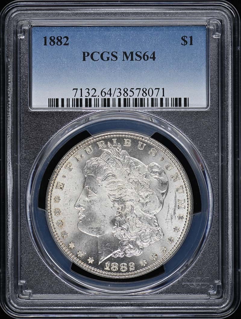 PCGS MS64 1882 Morgan Silver Dollar: PCGS MS64 1882 Morgan Silver Dollar This 1882 Morgan Dollar is graded MS64 by PCGS, indicating a high-quality, uncirculated coin. Minted in Philadelphia, it is a classic example of United States coina