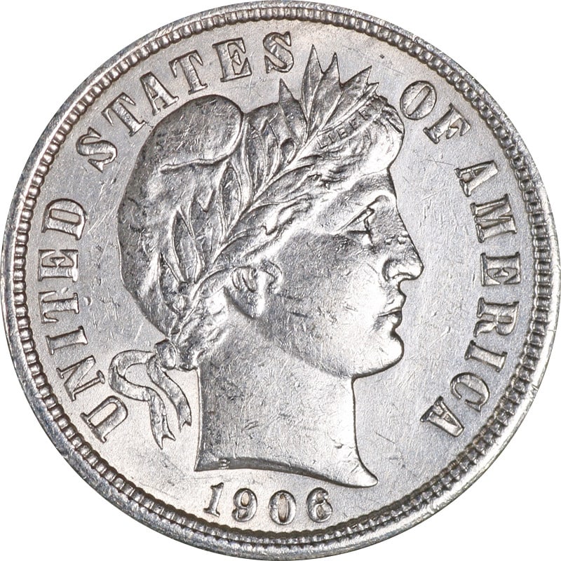 1906 Silver Dime From Philadelphia Mint Barber Series Circulated: 1906 Silver Dime From Philadelphia Mint Barber Series Circulated This is a 1906-P Barber Dime from the United States, minted in Philadelphia. The coin is composed of silver and is in circulated, pre-o