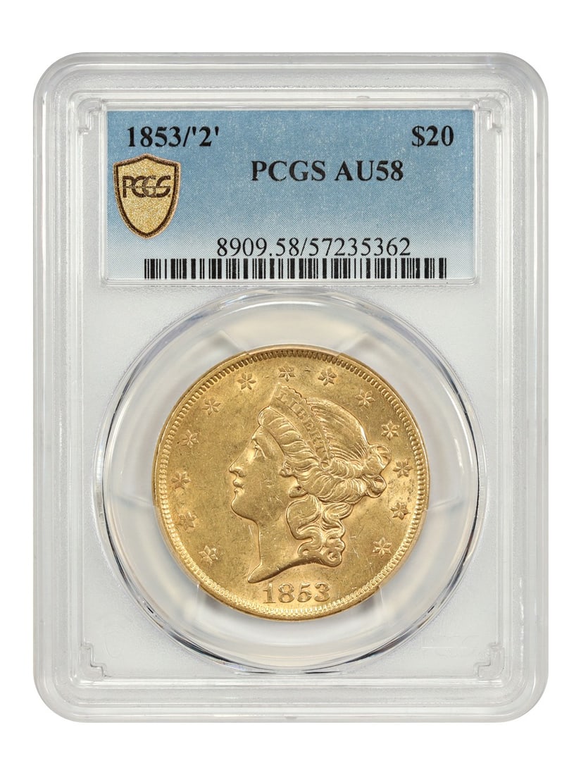 1853 Overdate Liberty Head $20 Gold Coin PCGS AU58 Certified: 1853 Overdate Liberty Head $20 Gold Coin PCGS AU58 Certified This 1853/2 Liberty Head $20 gold coin is a scarce overdate variety from the Type One $20 Liberty series. Struck at the Philadelphia Mint, 