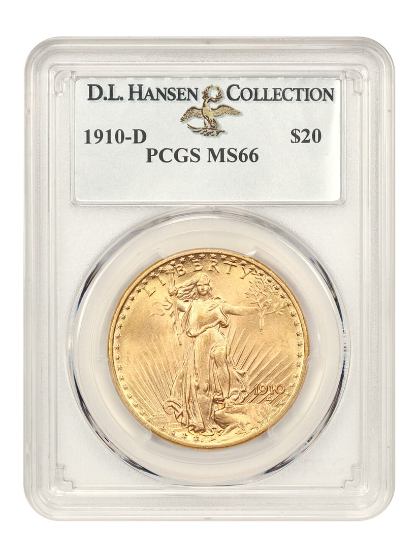 1910-D $20 St. Gaudens Gold Coin PCGS MS66 Uncirculated: 1910-D $20 St. Gaudens Gold Coin PCGS MS66 Uncirculated This 1910-D $20 St. Gaudens gold coin is graded MS66 by PCGS, showcasing its uncirculated condition and striking quality. Originating from the D