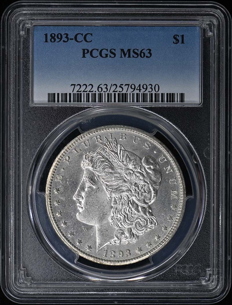 Carson City 1893 Morgan Dollar PCGS MS63: Carson City 1893 Morgan Dollar PCGS MS63 This 1893-CC Morgan Dollar features the Carson City mint mark and is graded MS63 by PCGS. It is an uncirculated coin from the United States and is classified a