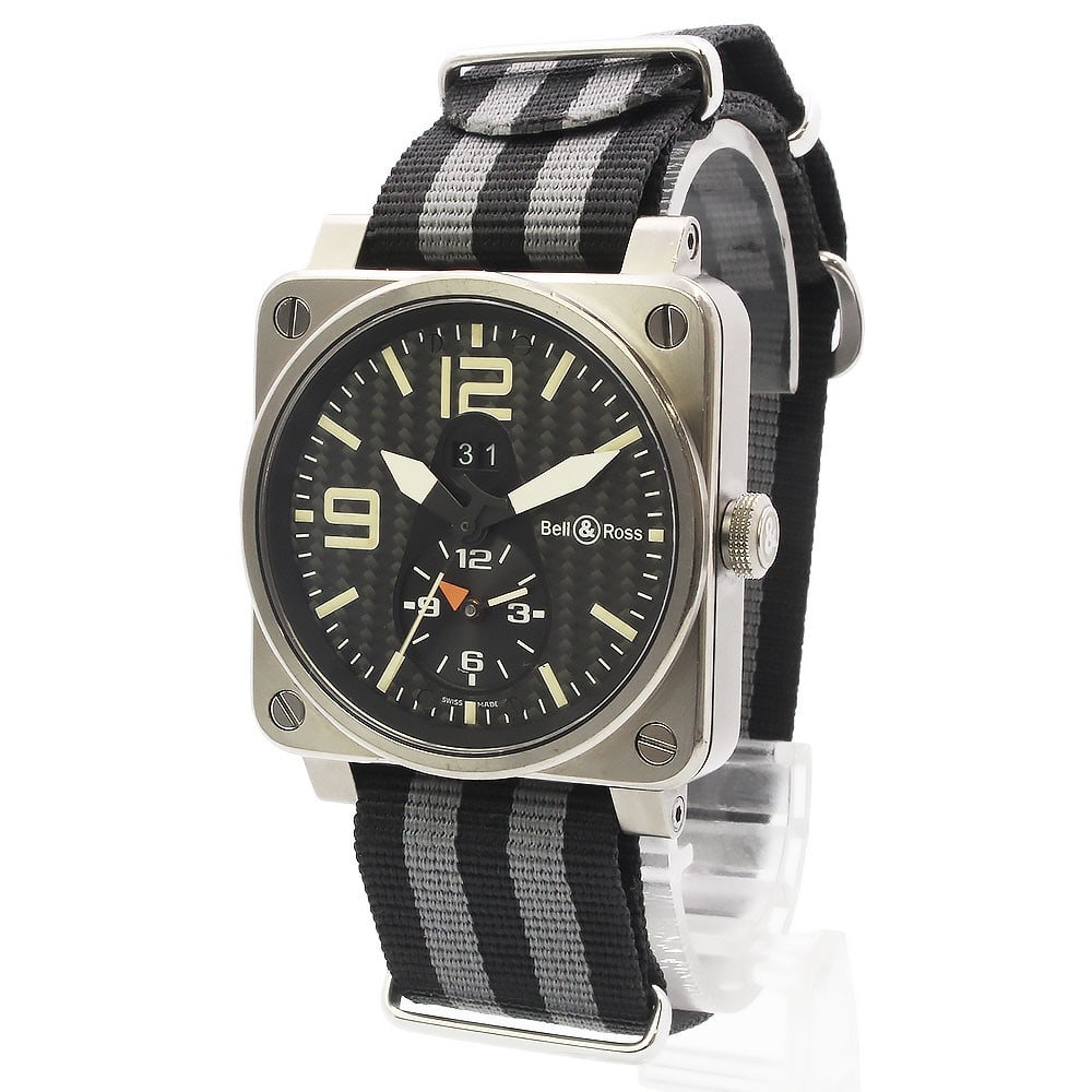 Bell Ross BR03-51-T Titanium Automatic GMT Wristwatch: Bell Ross BR03-51-T Titanium Automatic GMT Wristwatch This Bell & Ross BR03-51-T Aviation GMT wristwatch features a distinctive square titanium case with a black dial and a black and gray nylon strap.