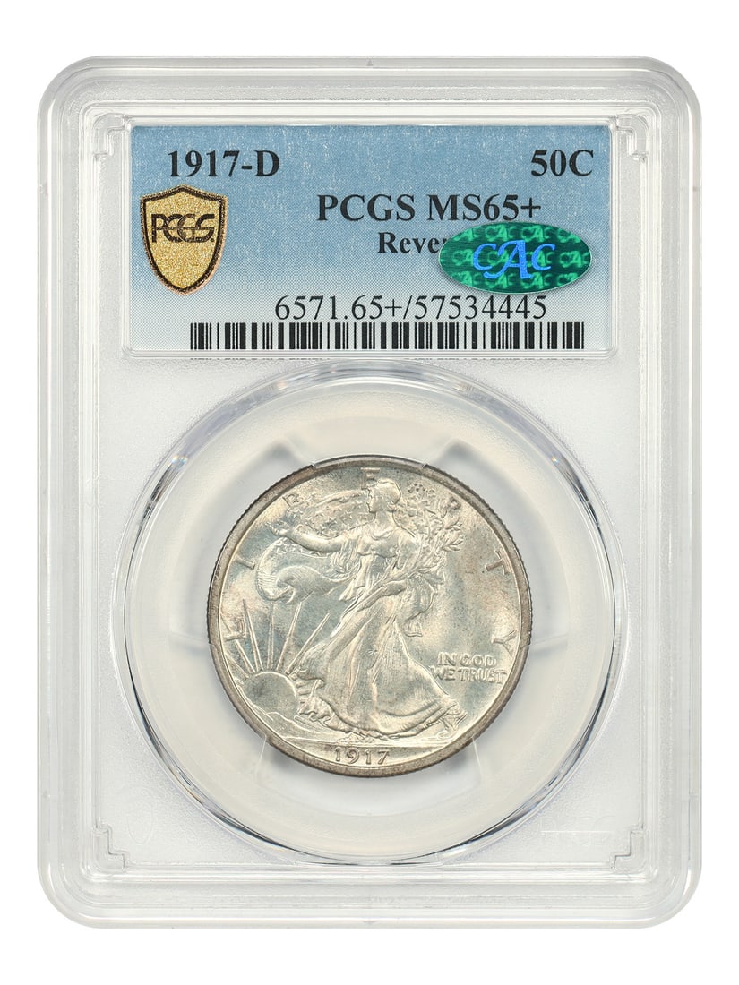 PCGS CAC MS65+ 1917-D Walking Liberty Half Dollar Reverse: PCGS CAC MS65+ 1917-D Walking Liberty Half Dollar Reverse This 1917-D Walking Liberty Half Dollar features the Denver mintmark on the reverse and is graded MS65+ by PCGS, with CAC approval. It is an u