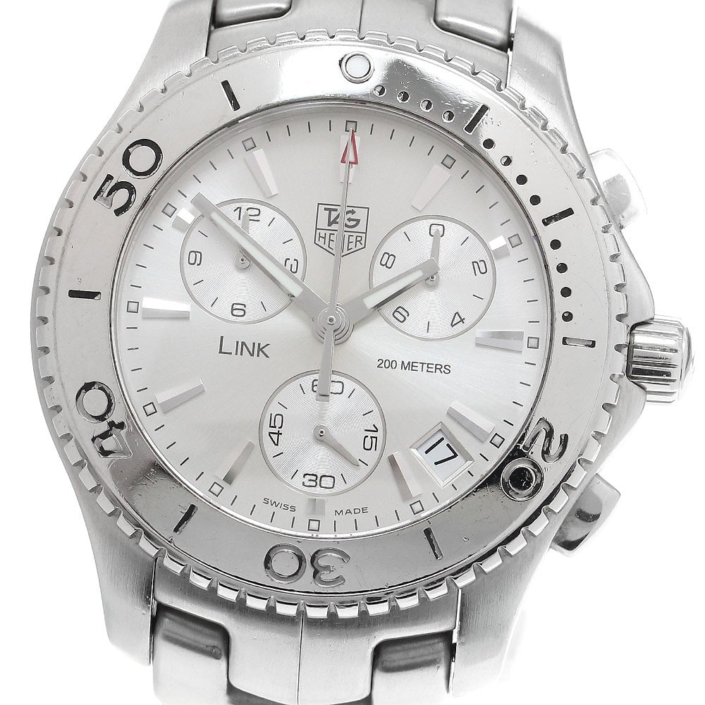 TAG Heuer Link quartz chronograph men's stainless steel wristwatch: TAG Heuer Link quartz chronograph men's stainless steel wristwatch This TAG HEUER Link Chronograph Quartz men's wristwatch features a silver dial, stainless steel case, and stainless steel band. The w