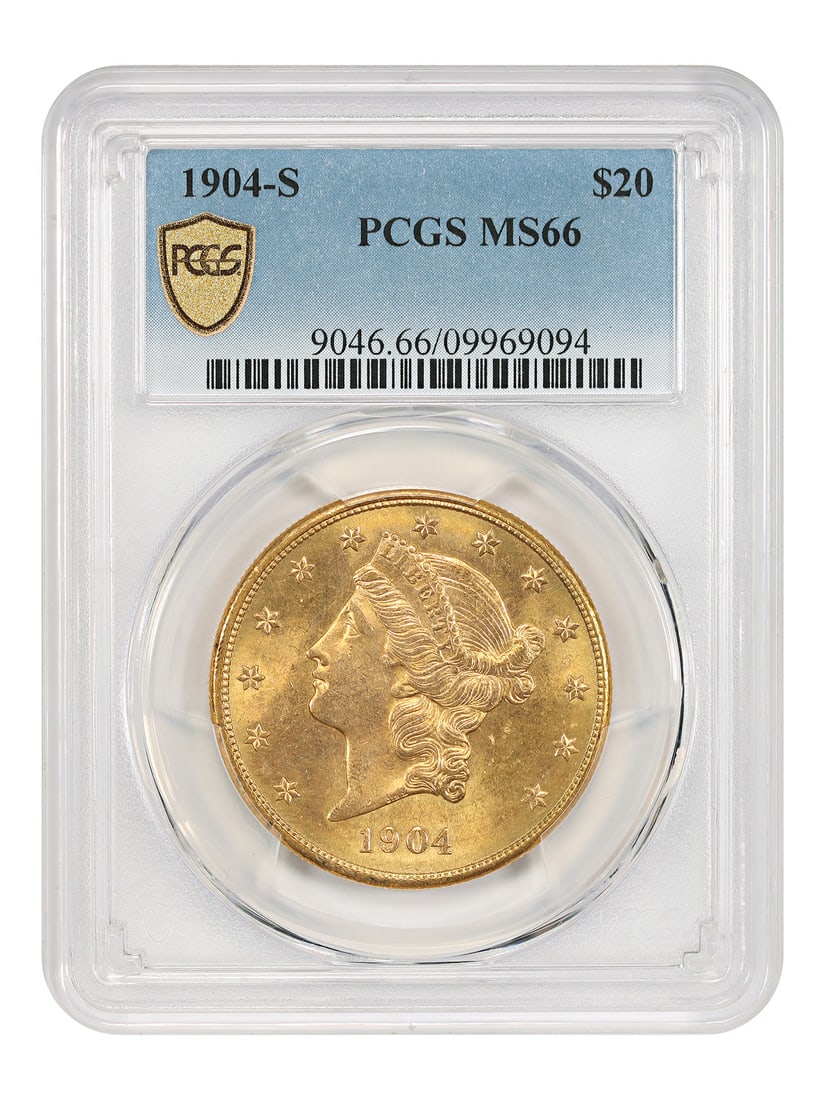 PCGS MS66 1904 San Francisco Liberty Head Twenty Dollar Gold Coin: PCGS MS66 1904 San Francisco Liberty Head Twenty Dollar Gold Coin This 1904-S Liberty Head $20 gold coin is graded MS66 by PCGS and was minted in San Francisco. As an uncirculated example from a minta