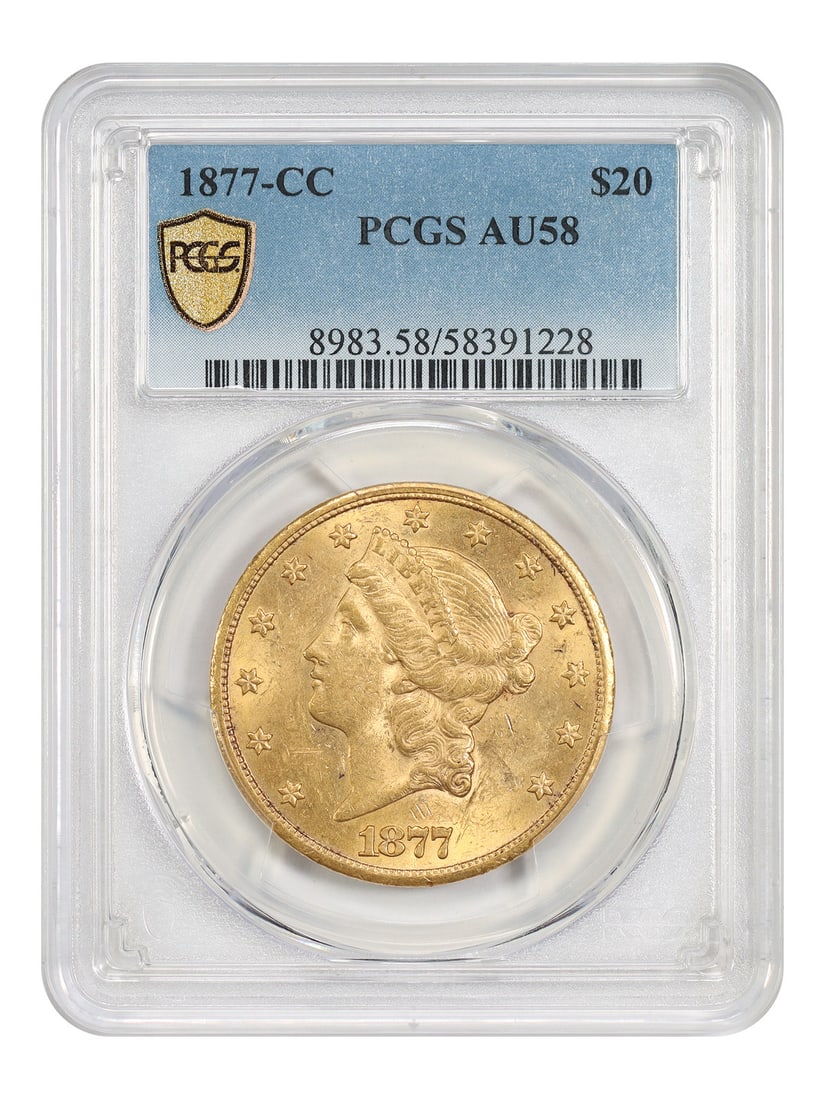 PCGS AU58 1877 Carson City Liberty Head $20 Gold Coin: PCGS AU58 1877 Carson City Liberty Head $20 Gold Coin This is an 1877-CC Liberty Head $20 gold coin, certified by PCGS with a grade of AU58. Struck at the Carson City Mint, this circulated coin is par