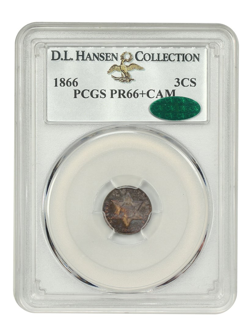 1866 Three Cent Silver PR66+CAM CAC D.L. Hansen Rare Coin: 1866 Three Cent Silver PR66+CAM CAC D.L. Hansen Rare Coin This remarkable 1866 Three Cent Silver coin is graded PR66+CAM by PCGS and boasts CAC approval as a high-end specimen. Struck in Philadelphia,