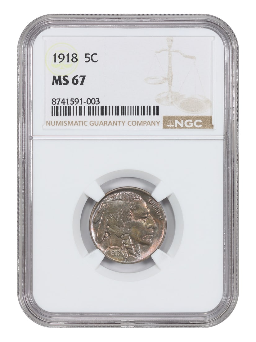 1918 Buffalo Nickel NGC MS67 Philadelphia Five Cent Uncirculated Coin: 1918 Buffalo Nickel NGC MS67 Philadelphia Five Cent Uncirculated Coin This is a 1918 Buffalo Nickel graded MS67 by NGC, with certification number 8741591003. Struck in Philadelphia, this uncirculated 