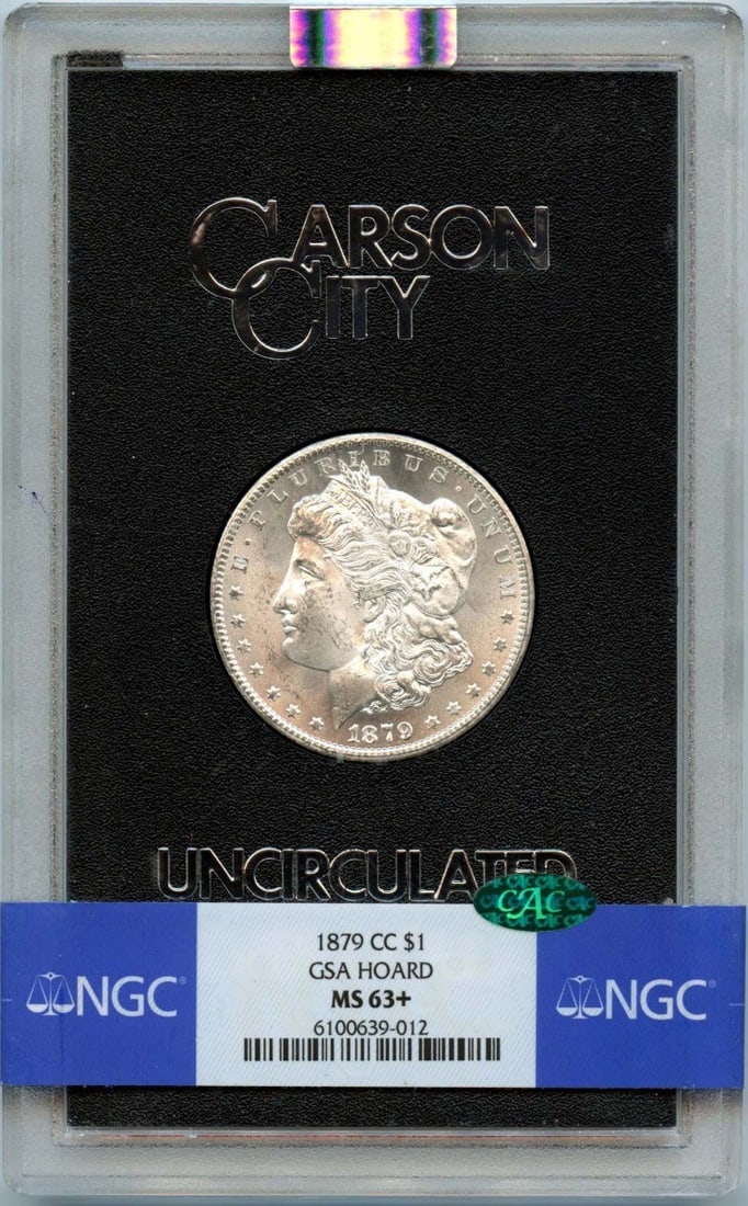 NGC MS63 Plus 1879 Carson City Morgan Dollar GSA Hoard Silver Coin: NGC MS63 Plus 1879 Carson City Morgan Dollar GSA Hoard Silver Coin This is an 1879-CC Morgan Dollar from the GSA Hoard, graded MS63+ by NGC. The coin is uncirculated and was minted in Carson City. It 