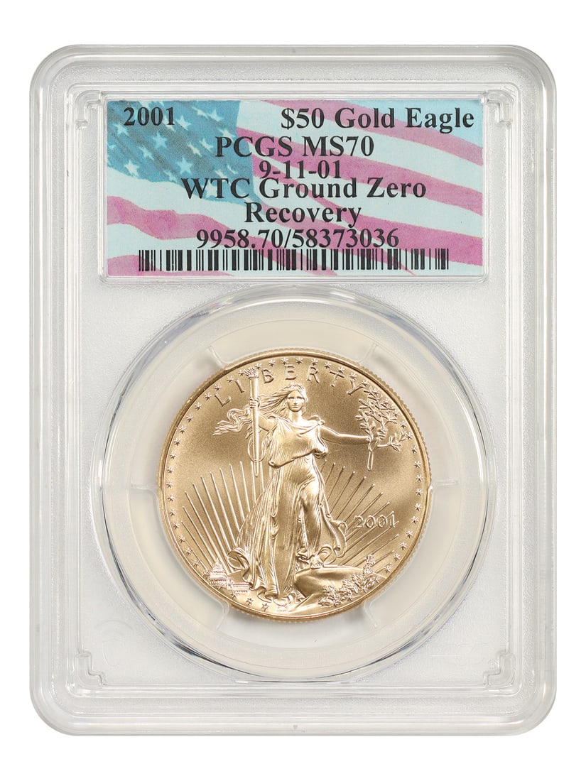 PCGS MS70 2001 $50 Gold Eagle WTC Ground Zero Recovery: PCGS MS70 2001 $50 Gold Eagle WTC Ground Zero Recovery This 2001 $50 Gold Eagle is a bullion coin graded MS70 by PCGS, signifying a flawless, uncirculated condition. It contains one ounce of gold and 
