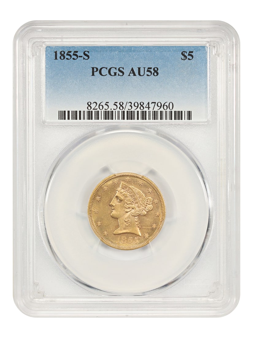 PCGS AU58 1855-S Liberty Head $5 Gold Coin: PCGS AU58 1855-S Liberty Head $5 Gold Coin This 1855-S Liberty Head $5 gold coin is graded AU58 by PCGS and features lightly-toned honey-gold surfaces with bold luster. The coin displays minimal wear 