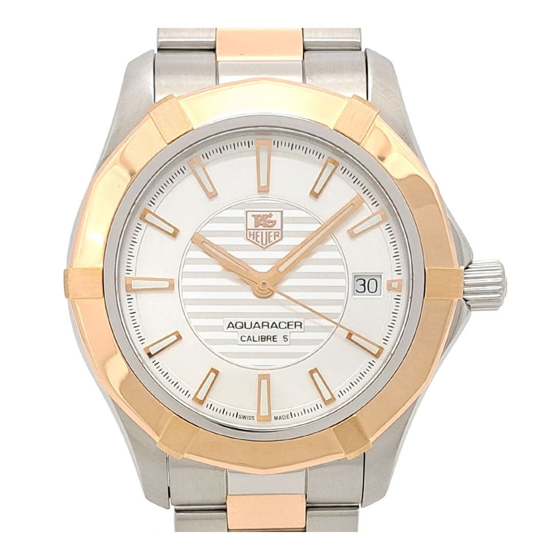 TAG Heuer Aquaracer Calibre 5 Automatic Men's Wristwatch WAP2150.BD0839: TAG Heuer Aquaracer Calibre 5 Automatic Men's Wristwatch WAP2150.BD0839 This TAG Heuer Aquaracer Automatic Calibre 5 men's wristwatch features a stainless steel and pink gold case and band, complement