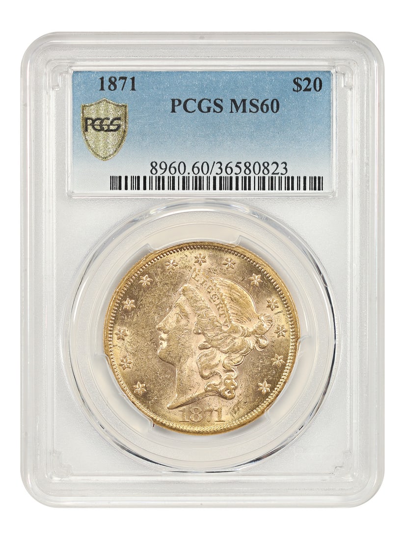 PCGS MS60 1871 Liberty Head $20 Gold Coin Philadelphia Mint: PCGS MS60 1871 Liberty Head $20 Gold Coin Philadelphia Mint This 1871 Liberty Head $20 gold coin is graded MS60 by PCGS and is uncirculated. Struck at the Philadelphia Mint from a low mintage of only 
