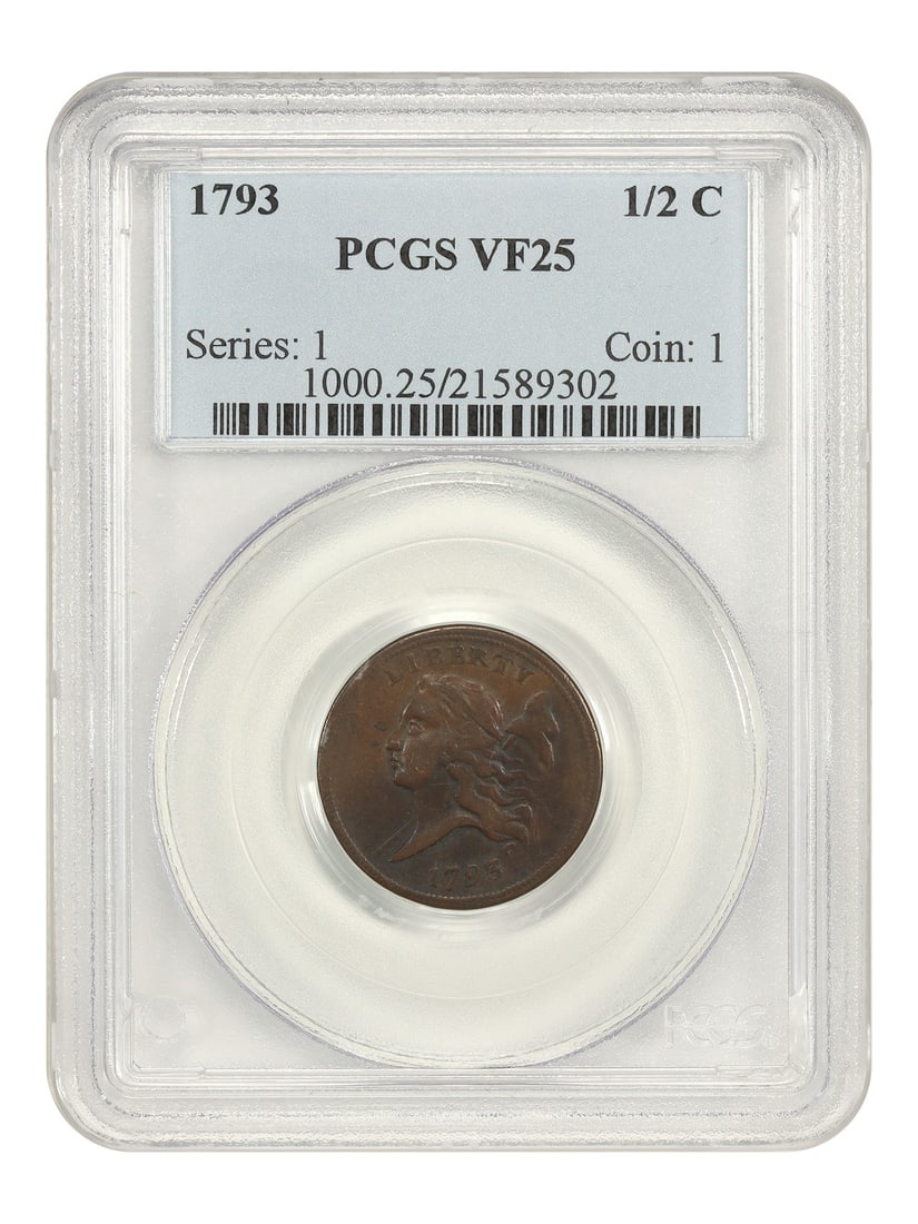 PCGS VF25 1793 Liberty Cap Half Cent: PCGS VF25 1793 Liberty Cap Half Cent This 1793 Liberty Cap Half Cent is a rare and historic first-year issue from the Philadelphia Mint. Graded VF25 (Very Fine) by PCGS with a BN (Brown) designation, 